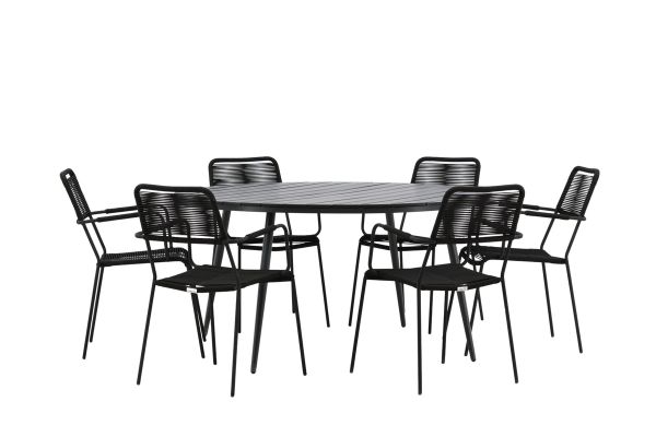 Imagine Masa de dining Break - Rotunda - Negru/Negru - Aluminiu/Aintwood - 150ø_1+ Scaun Lindos Armchair - Negru Alu/Negru Cord - 6