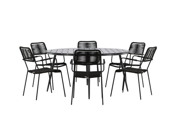 Imagine Masa de dining Break - Rotunda - Negru/Negru - Aluminiu/Aintwood - 150ø_1+ Scaun Lindos Armchair - Negru Alu/Negru Cord - 6