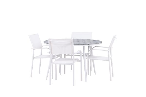 Imagine Masa de dining rotunda Break - Albă / Gri - Aluminiu / Aintwood - 120ø + Scaun cu brațe Santorini (Superposable) - Aluminiu alb / Textilenă albă - 4