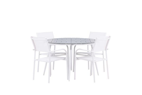 Imagine Masa de dining rotunda Break - Albă / Gri - Aluminiu / Aintwood - 120ø + Scaun cu brațe Santorini (Superposable) - Aluminiu alb / Textilenă albă - 4