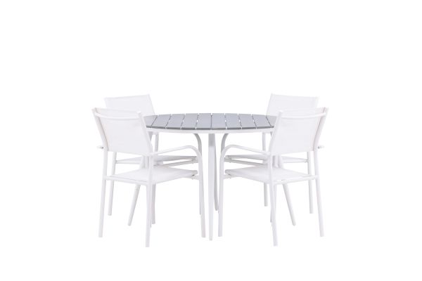 Imagine Masa de dining rotunda Break - Albă / Gri - Aluminiu / Aintwood - 120ø + Scaun cu brațe Santorini (Superposable) - Aluminiu alb / Textilenă albă - 4