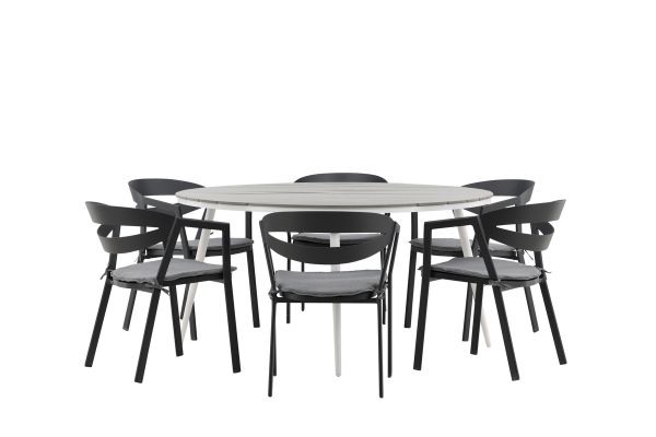 Imagine Masa de dining rotunda, alb / gri - Aluminiu / Aintwood - 150ø _1+ Scaun de dining cu pernă - Negru / Gri - Aluminiu - _6