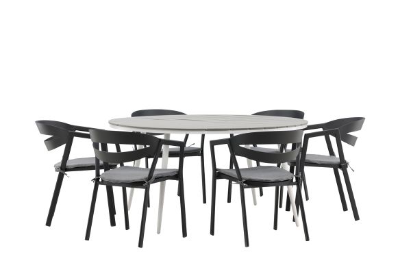 Imagine Masa de dining rotunda, alb / gri - Aluminiu / Aintwood - 150ø _1+ Scaun de dining cu pernă - Negru / Gri - Aluminiu - _6