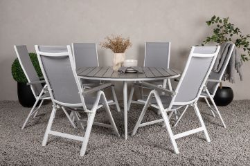 Imagine Masa de dining Break are forma rotundă şi este albă/gris, cu structură de aluminiu şi placaj Aintwood de 150ø _1+ Albany Light 5-poz white alu/Grey Textilene _6