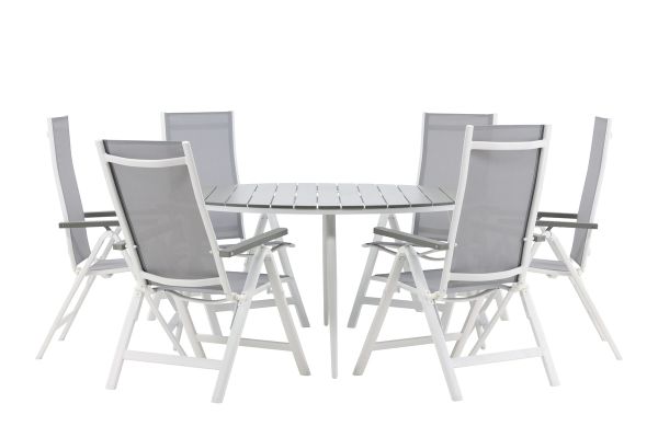 Imagine Masa de dining Break are forma rotundă şi este albă/gris, cu structură de aluminiu şi placaj Aintwood de 150ø _1+ Albany Light 5-poz white alu/Grey Textilene _6