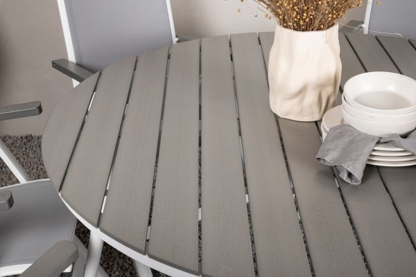 Imagine Masa de dining Break are forma rotundă şi este albă/gris, cu structură de aluminiu şi placaj Aintwood de 150ø _1+ Albany Light 5-poz white alu/Grey Textilene _6