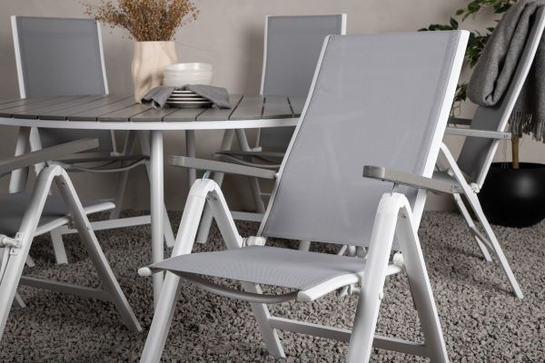 Imagine Masa de dining Break are forma rotundă şi este albă/gris, cu structură de aluminiu şi placaj Aintwood de 150ø _1+ Albany Light 5-poz white alu/Grey Textilene _6