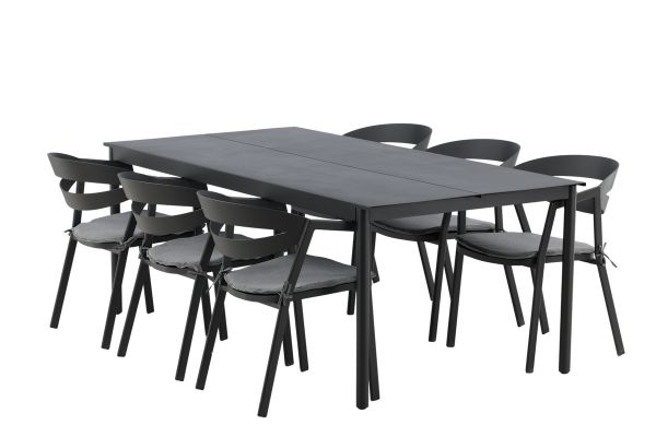 Imagine Modena - Masă de dining- Negru - Aluminiu - 200*100cm + Scaun de dining cu pernă inclusă- Negru/Gri - Aluminiu - 6