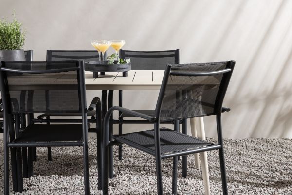 Imagine Masa de dining Lina - Bej - 200*90 _1+ Scaun Santorini (Stivuibil) - Aluminiu negru / Textilene negru _6