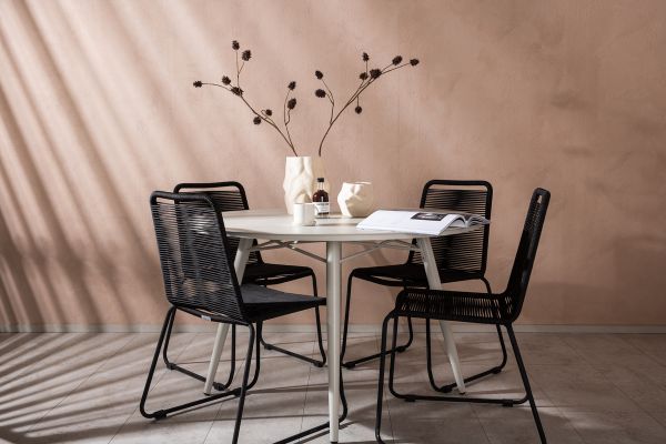 Imagine Lina Dining Table - Beige - Round 120 cm _1+ Lindos Stacking Chair - Black Alu / Black Rope _4