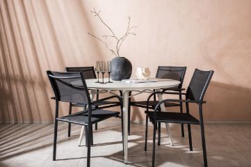 Imagine Masa de Dining Lina - Bej - Rotundă 120 cm _1+ Scaun cu brațe Santorini (Se poate stivui) - Aluminiu negru / Textilen negru _4