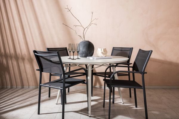 Imagine Masa de Dining Lina - Bej - Rotundă 120 cm _1+ Scaun cu brațe Santorini (Se poate stivui) - Aluminiu negru / Textilen negru _4