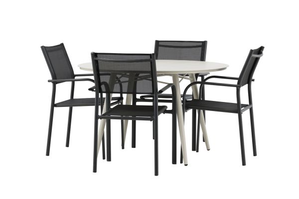 Imagine Masa de Dining Lina - Bej - Rotundă 120 cm _1+ Scaun cu brațe Santorini (Se poate stivui) - Aluminiu negru / Textilen negru _4