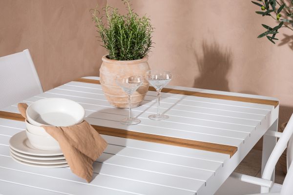 Imagine Masa de dining Togo - Alb / Teak - Allu / Teak - 150*100 + Scaun Santorini (Empilabil) - Alb Alu / Textilen Alb _4