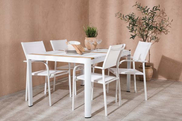 Imagine Masa de dining Togo - Alb / Teak - Allu / Teak - 150*100 + Scaun Santorini (Empilabil) - Alb Alu / Textilen Alb _4