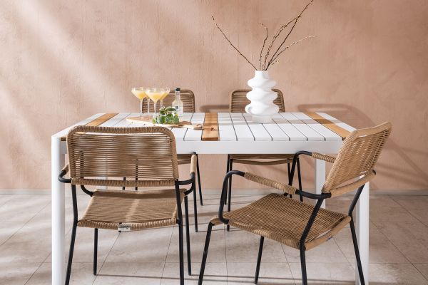 Imagine Masa de dining Togo - Alb / Teak - Allu / Teak - 150 * 100 _1 + Scaun Lindos - Negru Alu / Șnur Latte _4