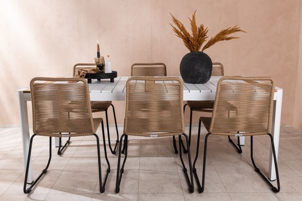 Imagine Masa de dining Togo - Alb / Teak - Allu / Teak - 200*100 _1+ Scaun de dining Lindos - Negru Alu / Sfoaiă Latte _6