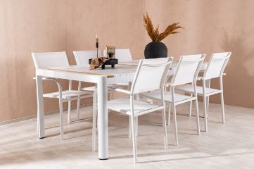 Imagine Togo - Dining Table- White / Teak - Allu / Teak - 200*100 +Santorini Arm Chair (Stackable)  - White Alu / White Textilene _6