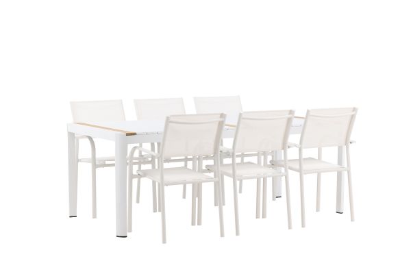 Imagine Togo - Dining Table- White / Teak - Allu / Teak - 200*100 +Santorini Arm Chair (Stackable)  - White Alu / White Textilene _6