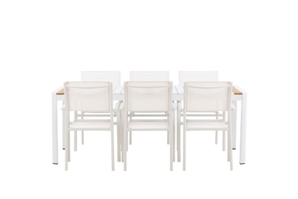 Imagine Togo - Dining Table- White / Teak - Allu / Teak - 200*100 +Santorini Arm Chair (Stackable)  - White Alu / White Textilene _6