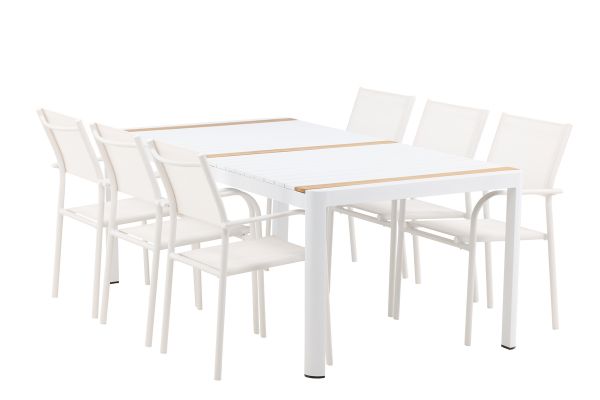 Imagine Togo - Dining Table- White / Teak - Allu / Teak - 200*100 +Santorini Arm Chair (Stackable)  - White Alu / White Textilene _6