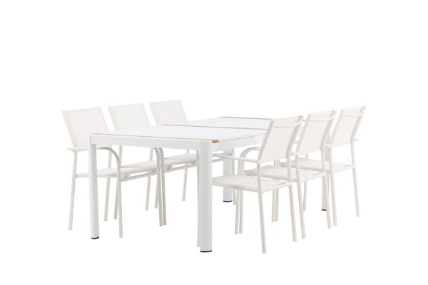 Imagine Togo - Dining Table- White / Teak - Allu / Teak - 200*100 +Santorini Arm Chair (Stackable)  - White Alu / White Textilene _6