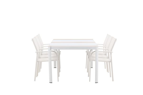 Imagine Togo - Dining Table- White / Teak - Allu / Teak - 200*100 +Santorini Arm Chair (Stackable)  - White Alu / White Textilene _6