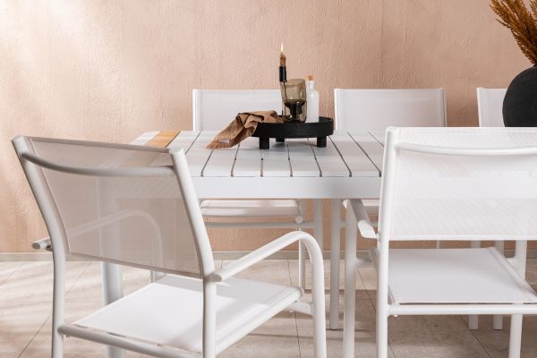 Imagine Togo - Dining Table- White / Teak - Allu / Teak - 200*100 +Santorini Arm Chair (Stackable)  - White Alu / White Textilene _6