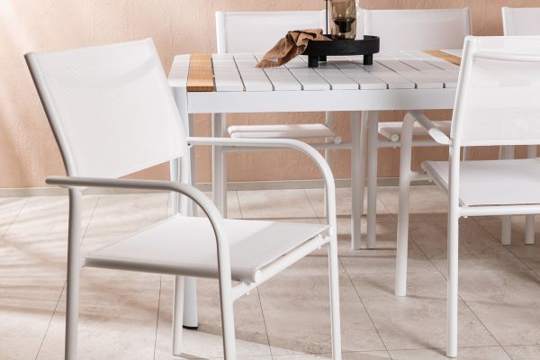 Imagine Togo - Dining Table- White / Teak - Allu / Teak - 200*100 +Santorini Arm Chair (Stackable)  - White Alu / White Textilene _6