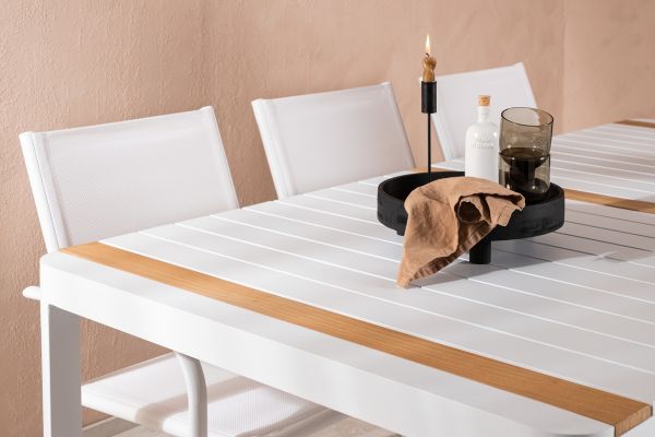 Imagine Togo - Dining Table- White / Teak - Allu / Teak - 200*100 +Santorini Arm Chair (Stackable)  - White Alu / White Textilene _6