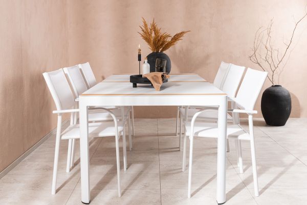 Imagine Togo - Dining Table- White / Teak - Allu / Teak - 200*100 +Santorini Arm Chair (Stackable)  - White Alu / White Textilene _6