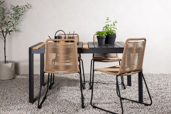 Imagine Masa de dining Togo - Negru / Teak - Alu / Teak - 150 * 100 _1 + Scaun apilabil Lindos - Aluminiu negru / Frânghie de culoare latte _4