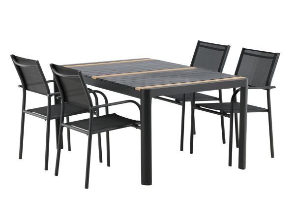 Imagine Masa de dining Togo - Negru / Teak - Aluminiu / Teak - 150*100 _1+ Scaun Santorini (Empilabil) - Aluminiu Negru / Textilen Negru _4