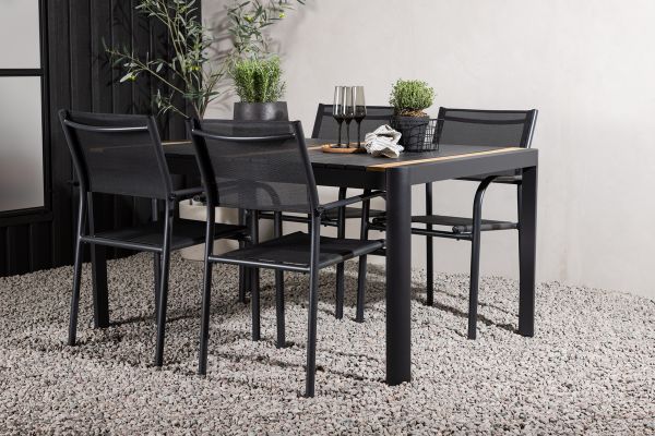 Imagine Masa de dining Togo - Negru / Teak - Aluminiu / Teak - 150*100 _1+ Scaun Santorini (Empilabil) - Aluminiu Negru / Textilen Negru _4