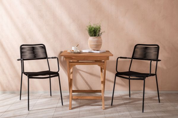 Imagine Ghana - Folding Table- Natural - Teak - 70*70cm _1+ Lindos Armchair - Black Alu / Black Rope _2