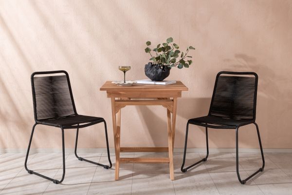 Imagine Ghana - Folding Table- Natural - Teak - 70*70cm _1+ Lindos Stacking Chair - Black Alu / Black Rope _2