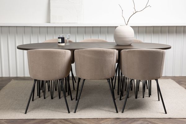 Imagine Masa ovală de dining Stone - Negru / Furnir Mocca + Scaun Berit - Negru / Material Bej (Poliester lin)