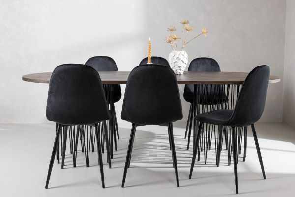 Imagine Masa ovală de dining Stone - Negru / Furnir Mocca + Scaun de dining Polar - Picioare negre / Catifea neagră _6