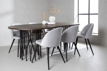 Imagine Masă ovală de dining Stone - Negru / Furnir Mocca + Scaun de dining din catifea - Gri deschis / Negru _6