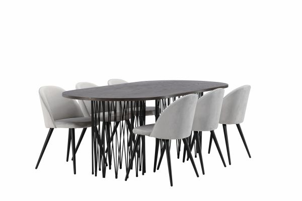 Imagine Masă ovală de dining Stone - Negru / Furnir Mocca + Scaun de dining din catifea - Gri deschis / Negru _6