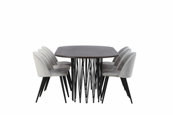 Imagine Masă ovală de dining Stone - Negru / Furnir Mocca + Scaun de dining din catifea - Gri deschis / Negru _6