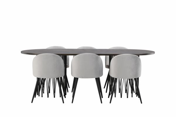 Imagine Masă ovală de dining Stone - Negru / Furnir Mocca + Scaun de dining din catifea - Gri deschis / Negru _6