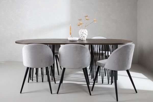 Imagine Masă ovală de dining Stone - Negru / Furnir Mocca + Scaun de dining din catifea - Gri deschis / Negru _6