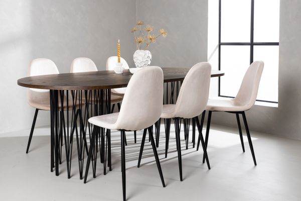 Imagine Masa ovala de dining Stone - Negru / Furnir Mocca + Scaun de dining Polar - Picioare Negre / Catifea Bej _6