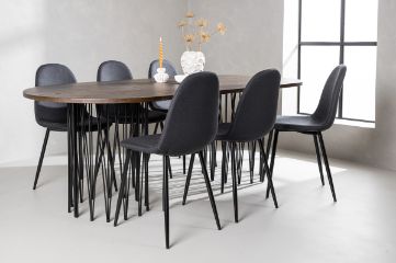 Imagine Masa de dining ovala din piatra - Negru / Furnir Mocca + Scaun de dining Polar - Picioare Negre - Material Negru _6