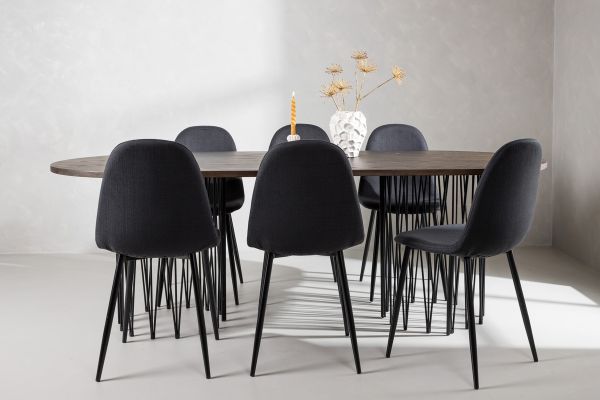 Imagine Masa de dining ovala din piatra - Negru / Furnir Mocca + Scaun de dining Polar - Picioare Negre - Material Negru _6