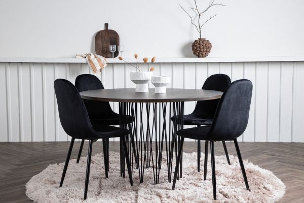 Imagine Masa rotunda de dining Stone - Negru / Furnir Mocca + Scaun de dining Polar - Picioare negre / Catifea neagra _4