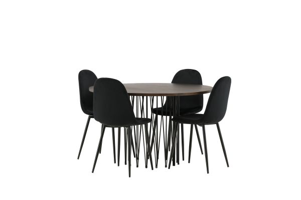 Imagine Masa rotunda de dining Stone - Negru / Furnir Mocca + Scaun de dining Polar - Picioare negre / Catifea neagra _4