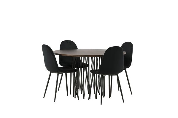 Imagine Masa rotunda de dining Stone - Negru / Furnir Mocca + Scaun de dining Polar - Picioare negre / Catifea neagra _4