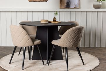 Imagine Masa de dining rotunda Bootcut - Negru / Dublu Fagure + Scaun cu cusături de catifea - Negru / Material din pânză bej (poliester) _4